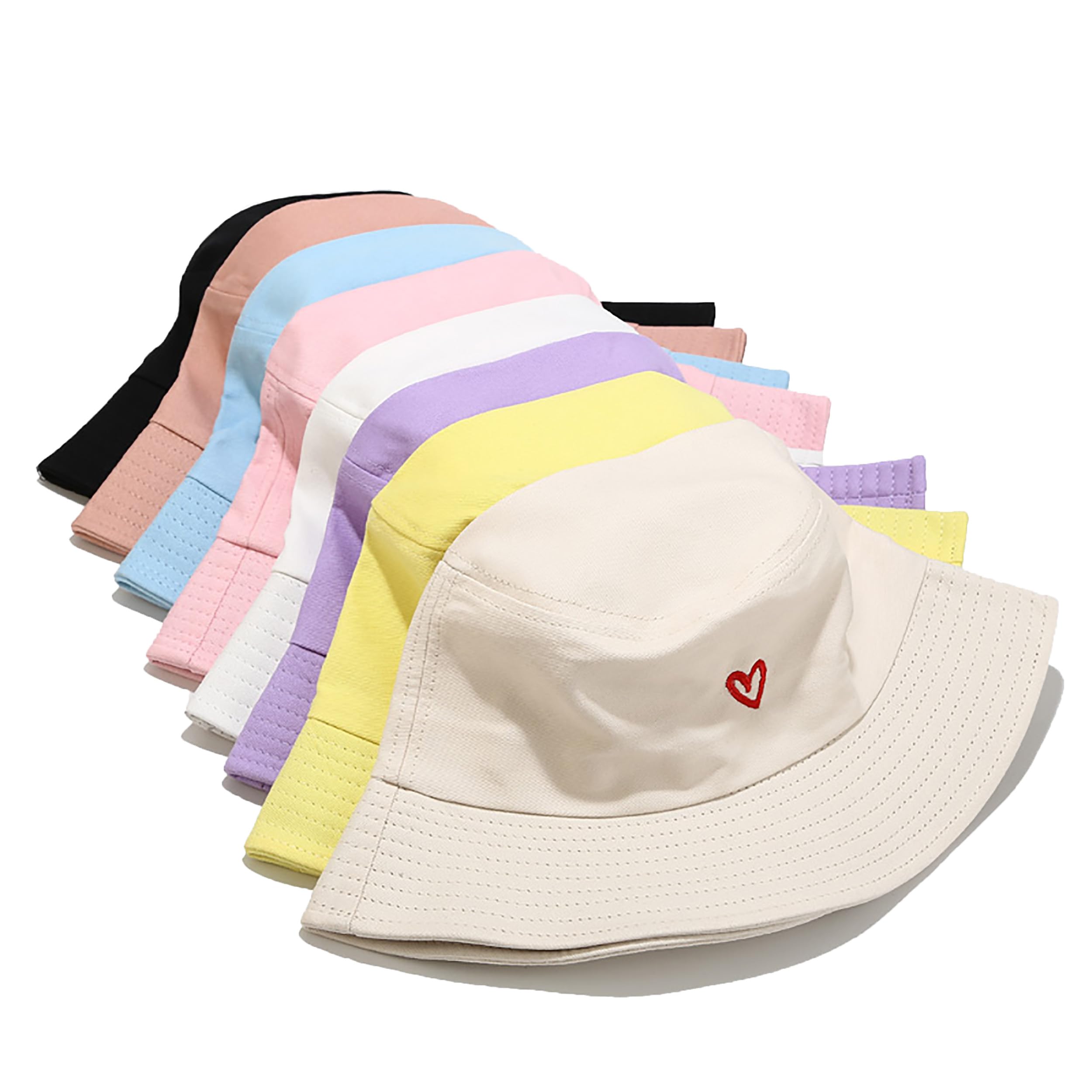 Heart Embroidery Bucket Hat 100% Cotton Smile Beach Hats Summer Travel Sun Hat Outdoor Cap (Heart Black)