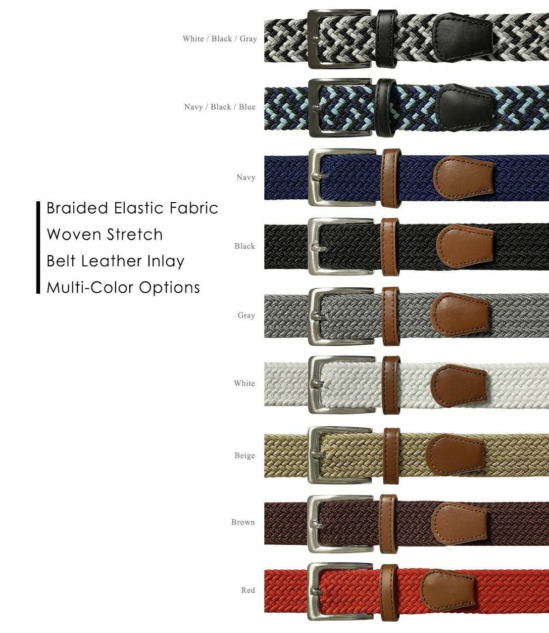 Braided Elastic Stretch Belt Casual Weave Canvas Fabric Woven Belt 1-3/8" Wide, 2 Count (Black/Blue/Navy- Black/Gray/White, L)