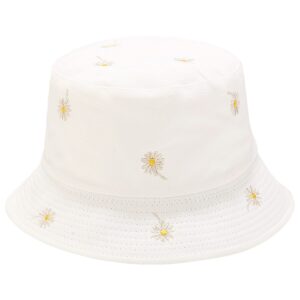 Flower Bucket Hat Daisy Embroidery Reversible Hats Packable Summer Travel Beach Sun Hat Outdoor Cap (White/White)