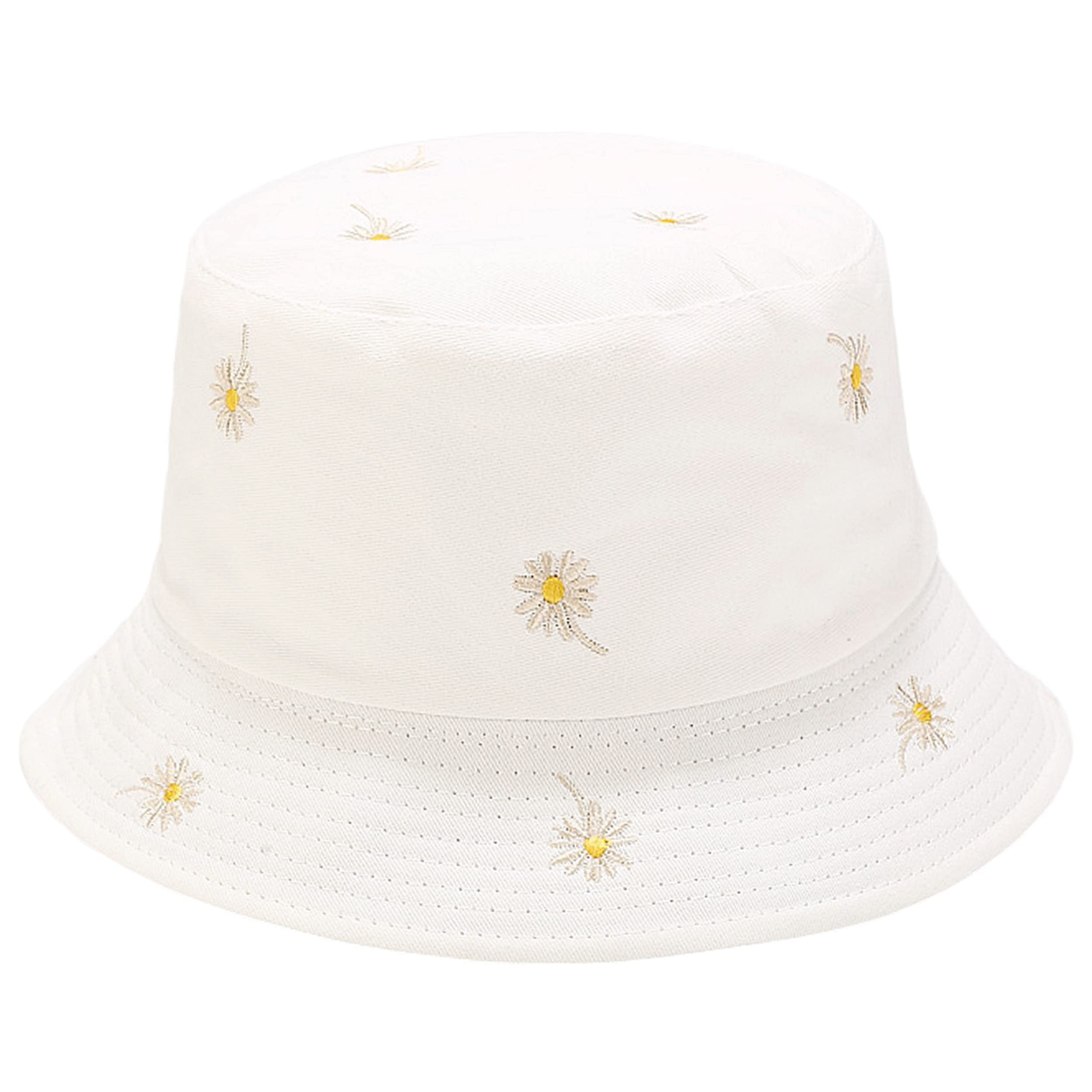 Flower Bucket Hat Daisy Embroidery Reversible Hats Packable Summer Travel Beach Sun Hat Outdoor Cap (White/White)