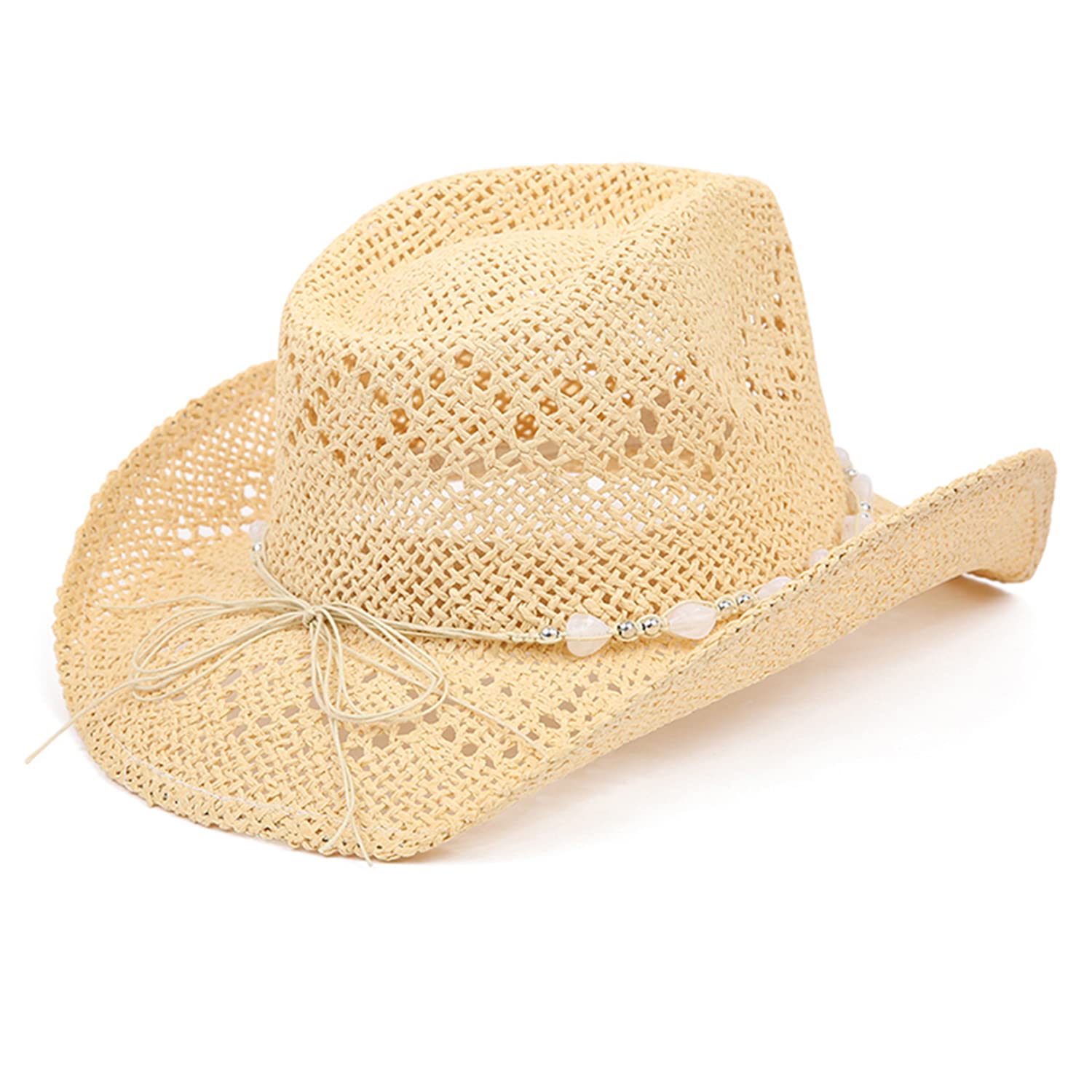 TOVOSO Western Cowgirl, Straw Cowboy Hat for Women with Shapeable Brim, Beaded Hearts Trim, Beige