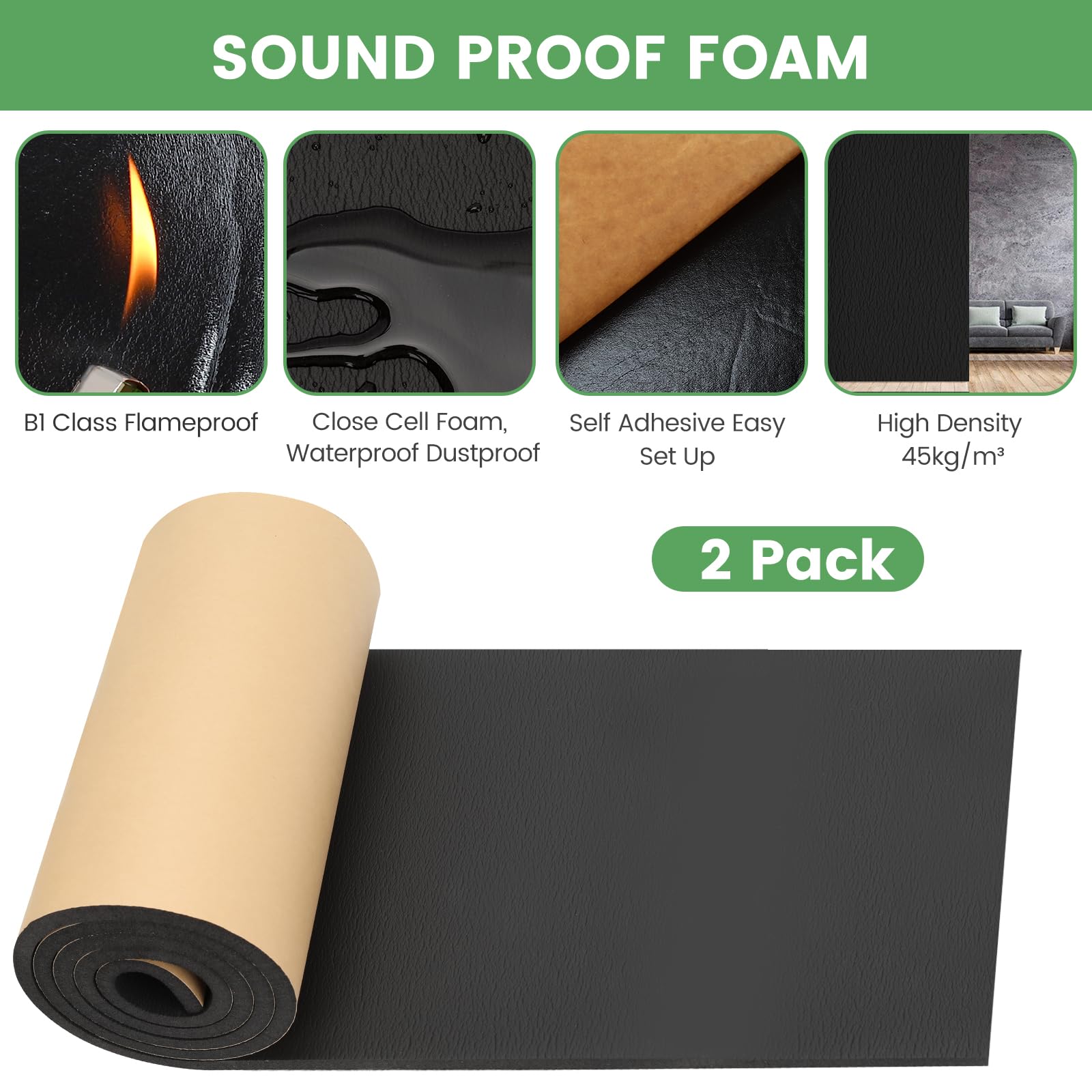 Kaqiluo 2 Pack High Density Self-Adhesive Sound Insulation Acoustic Closed Cell Foam, 0.4" x 12" x 71", 10 mm Thick,11.6 sqft Sound Proof Padding,Fire,Water Resistant Acoustic Treatment Foam