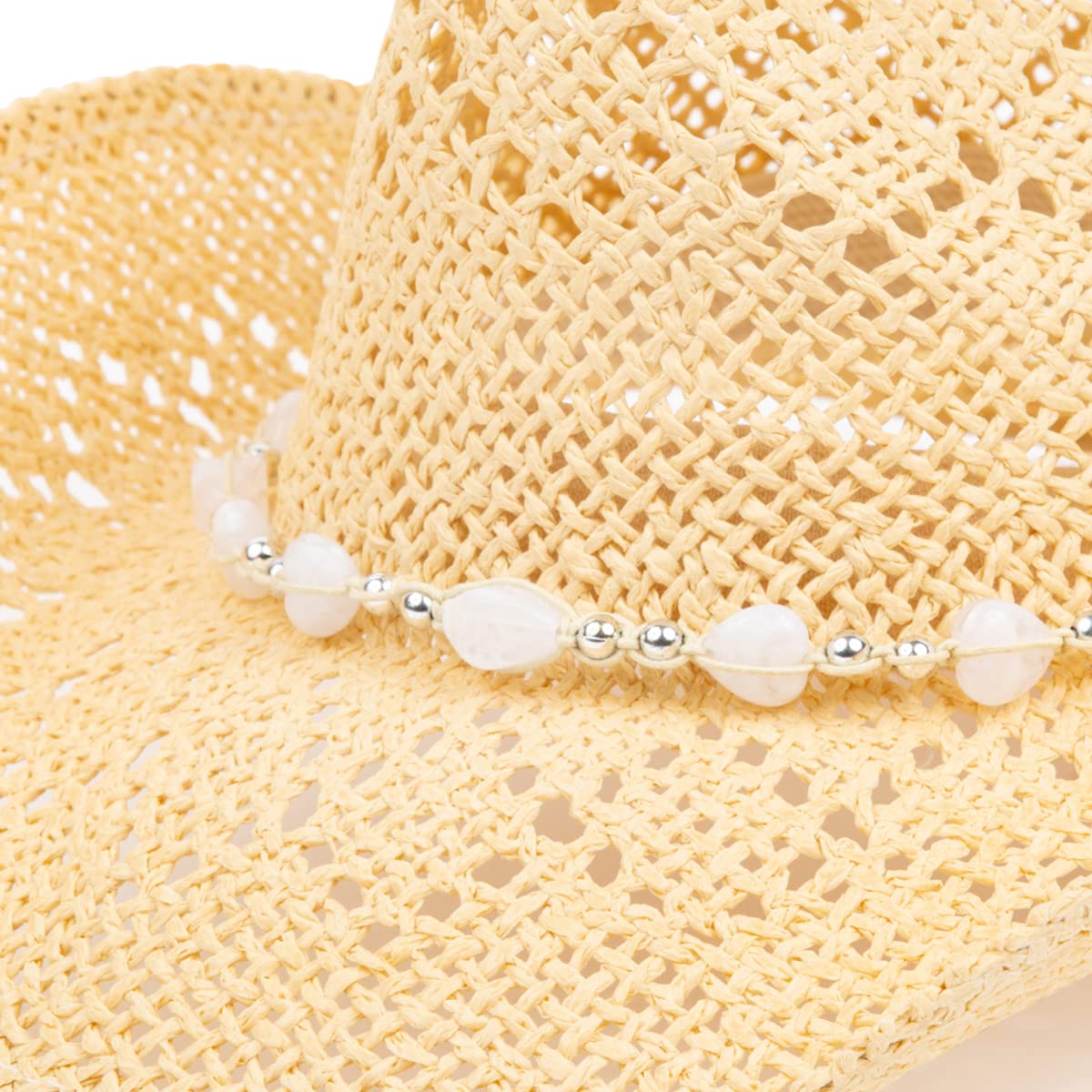 TOVOSO Western Cowgirl, Straw Cowboy Hat for Women with Shapeable Brim, Beaded Hearts Trim, Beige