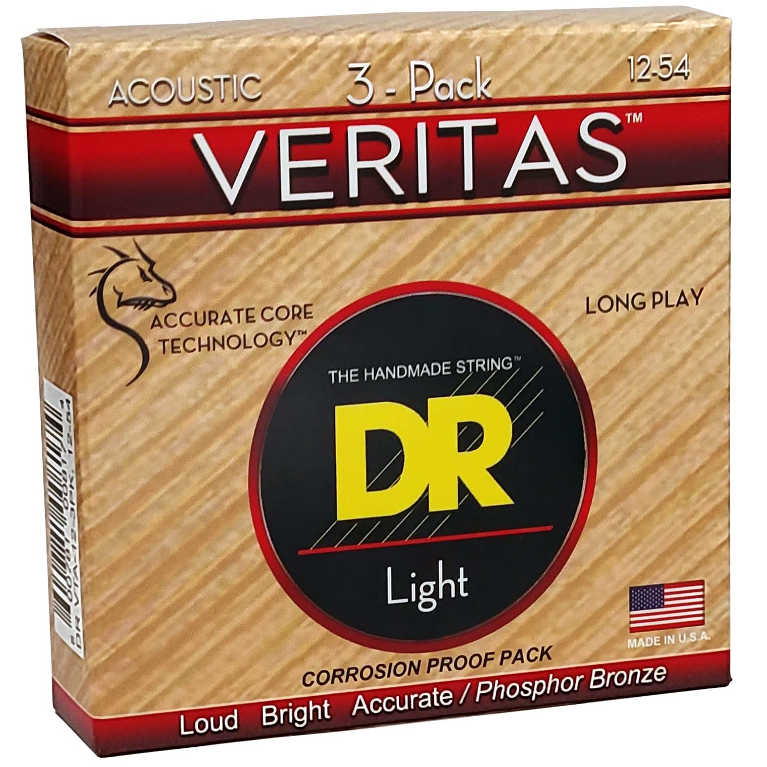 DR Strings Veritas Coated Core Technology Acoustic Guitar Strings, Light 12-54, 3-Pack (VTA-12-3PK)