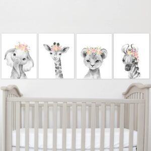 Baby Girl Nursery Wall Art Pink Floral Safari Animals Elephant Giraffe Lion Zebra Room Decor 4 UNFRAMED PRINTS