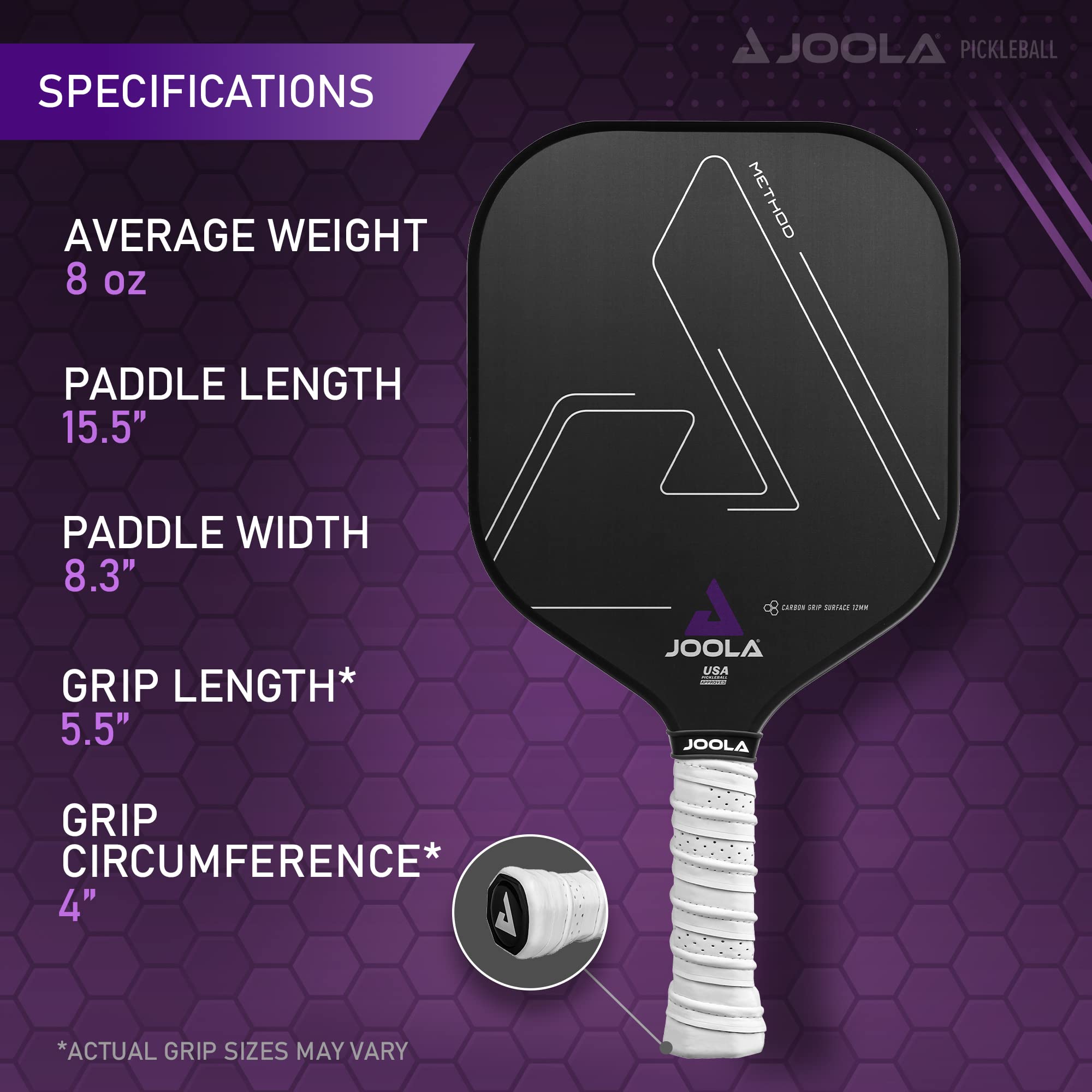 JOOLA Method Pickleball Paddle with Smooth or Textured Carbon Grip Surface Technology for Maximum Spin and Control - Polypropylene Honeycomb Core Pickleball Racket Available in 12mm and 14mm