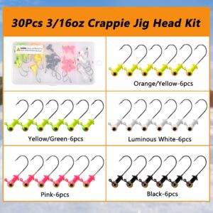 Painted Crappie Jig Head Hooks Set,30pcs Football Jig Head Hook Glow with Double Eye for Crappie Bass Trout Panfish Walleye 1/8oz 3/16oz 1/4oz