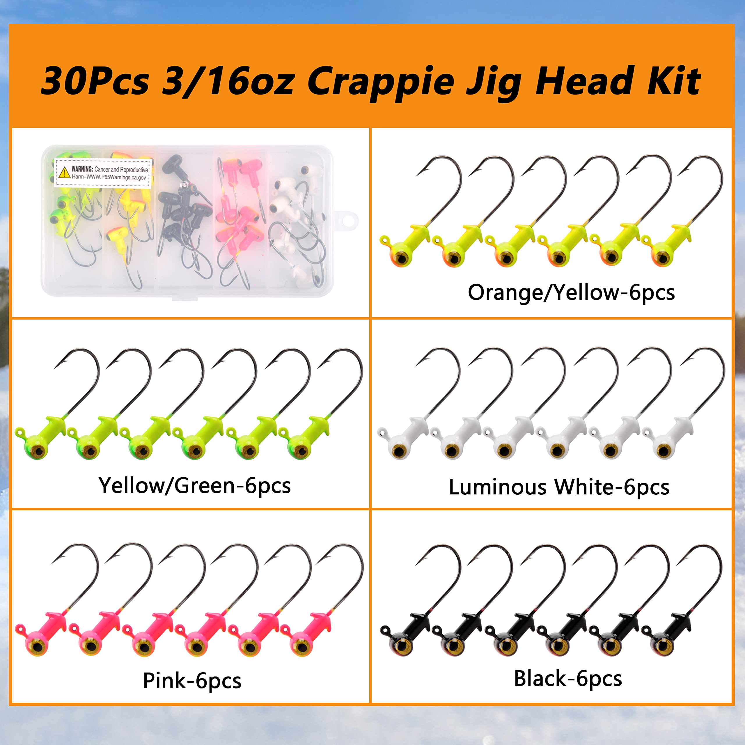 Painted Crappie Jig Head Hooks Set,30pcs Football Jig Head Hook Glow with Double Eye for Crappie Bass Trout Panfish Walleye 1/8oz 3/16oz 1/4oz