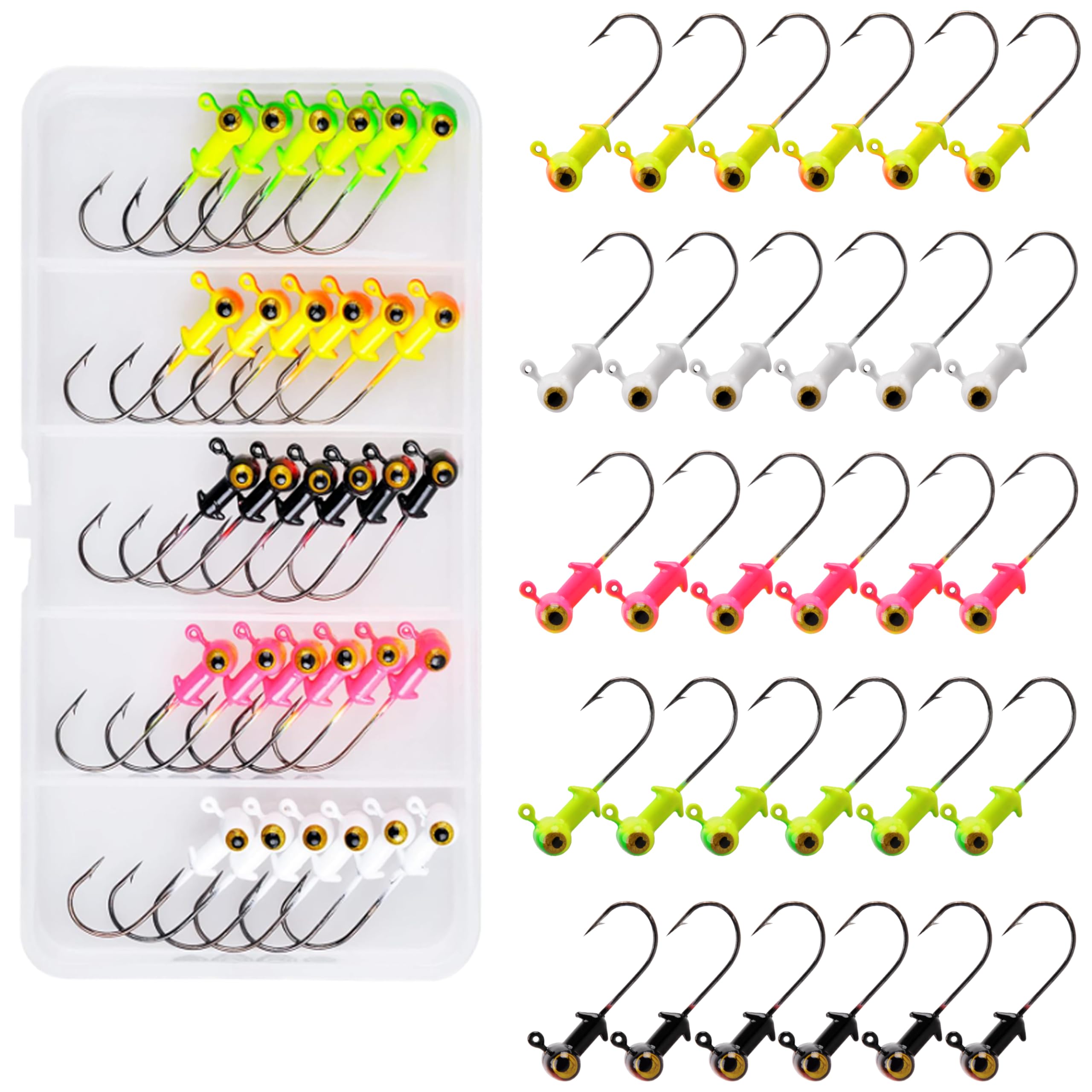 Painted Crappie Jig Head Hooks Set,30pcs Football Jig Head Hook Glow with Double Eye for Crappie Bass Trout Panfish Walleye 1/8oz 3/16oz 1/4oz