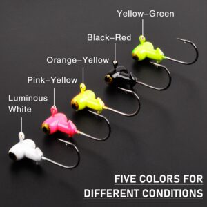 Painted Crappie Jig Head Hooks Set,30pcs Football Jig Head Hook Glow with Double Eye for Crappie Bass Trout Panfish Walleye 1/8oz 3/16oz 1/4oz