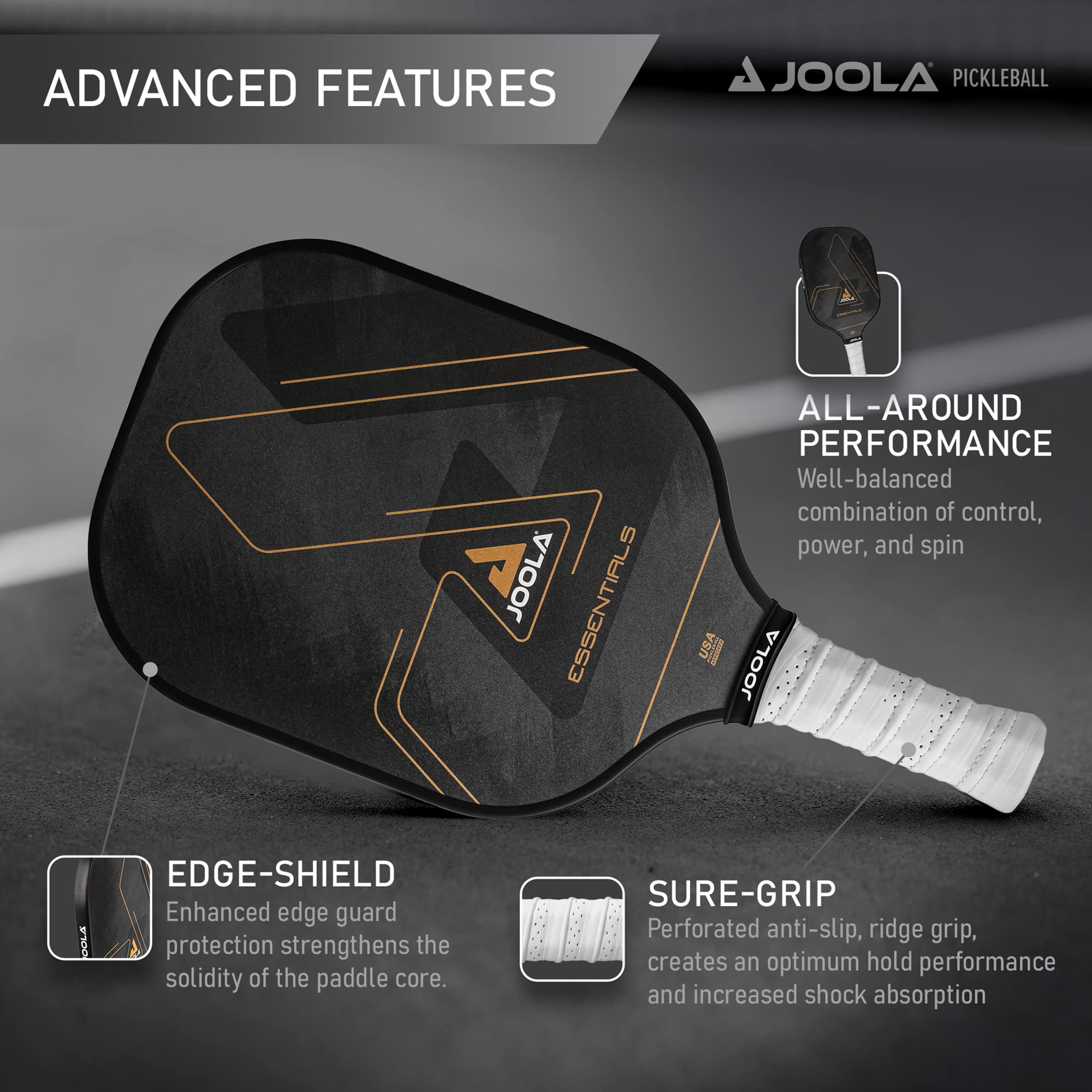 JOOLA Essentials Performance Pickleball Paddle with Reinforced Fiberglass Surface and Honeycomb Polypropylene Core, Black