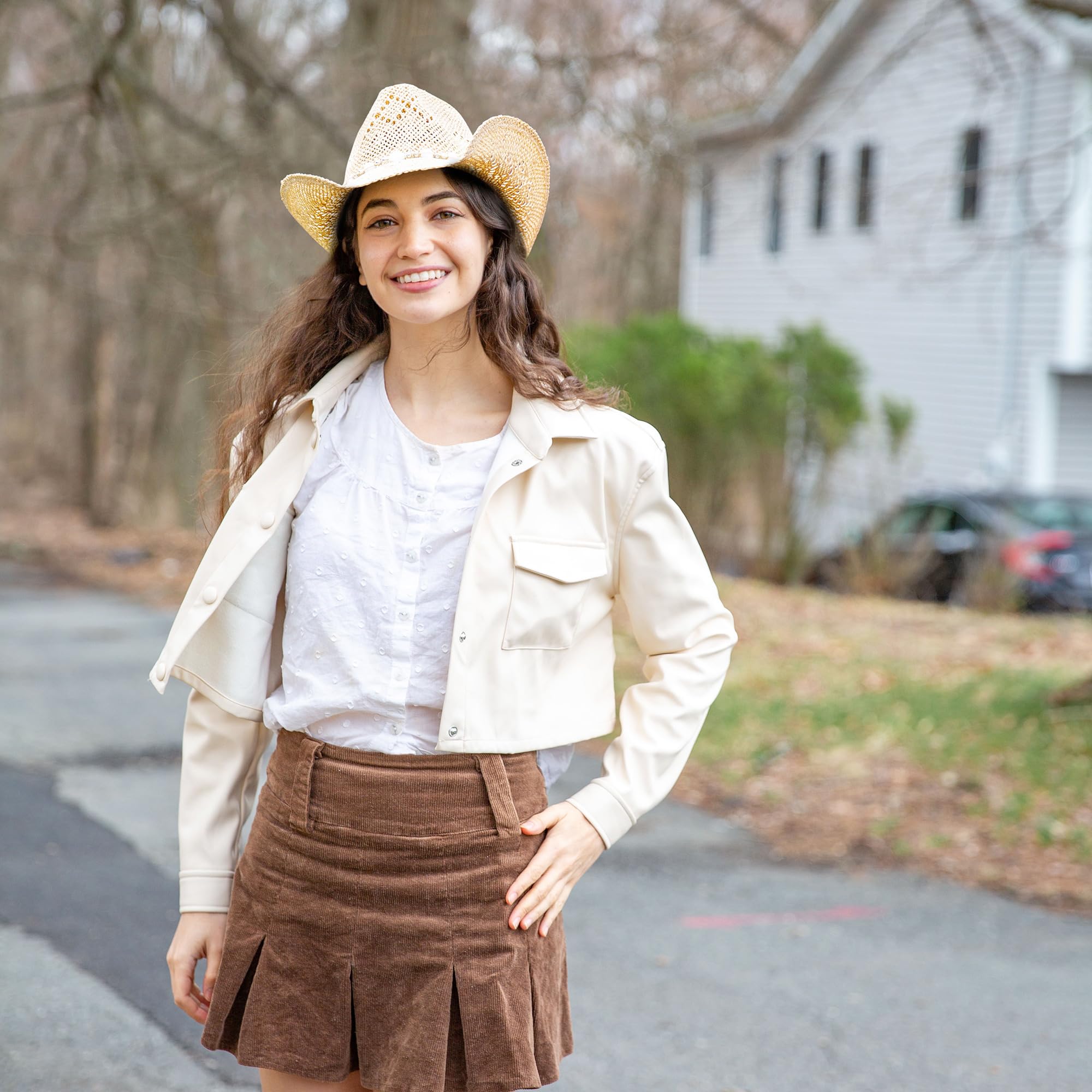 TOVOSO Western Cowgirl, Straw Cowboy Hat for Women with Shapeable Brim, Beaded Hearts Trim, Beige