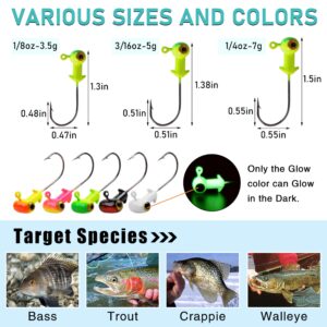 Painted Crappie Jig Head Hooks Set,30pcs Football Jig Head Hook Glow with Double Eye for Crappie Bass Trout Panfish Walleye 1/8oz 3/16oz 1/4oz