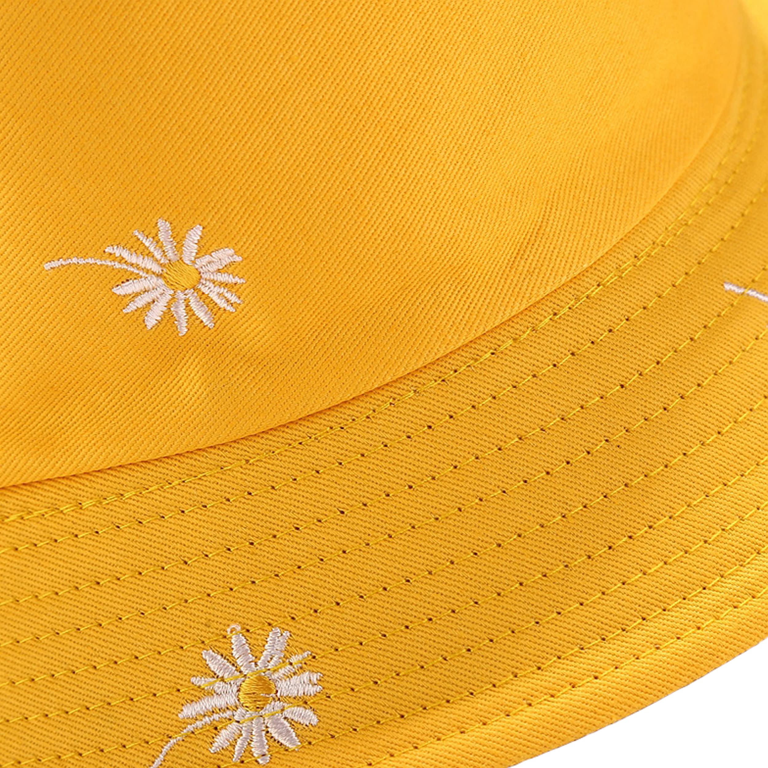 Flower Bucket Hat Daisy Embroidery Reversible Hats Packable Summer Travel Beach Sun Hat Outdoor Cap (White/White)