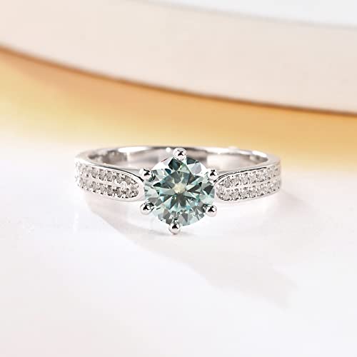 Womens Green Moissanite Rings, 1 Carat Round Solitaire Lab Grown Diamond Engagement Ring Halo Promise Eternity Rings for Her, Sterling Silver Wedding Band for Women with Jewelry Box