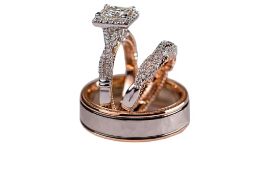 HengSun Promise Rings for Couples Set, 3 pc His and Her Wedding Ring Set, Hypoallergenic Rose Gold Imitation Diamond Ring Set, Cubic Zirconia CZ Bride Promise Rings Set, Size 6-10 (8)