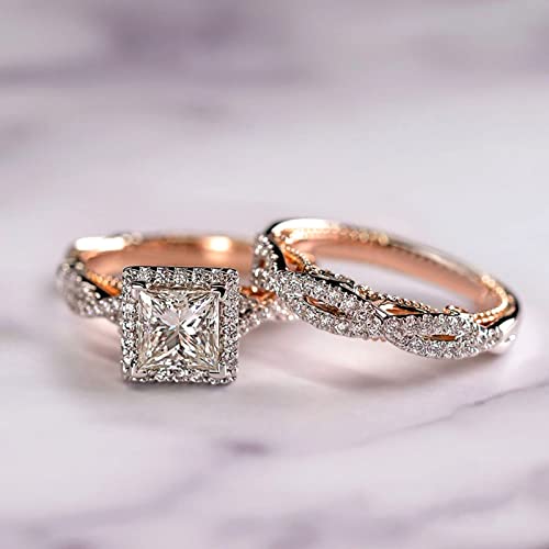 HengSun Promise Rings for Couples Set, 3 pc His and Her Wedding Ring Set, Hypoallergenic Rose Gold Imitation Diamond Ring Set, Cubic Zirconia CZ Bride Promise Rings Set, Size 6-10 (8)