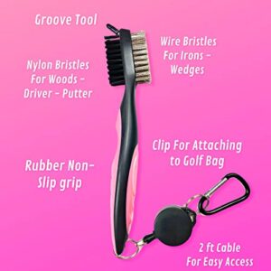 The Golfer's Workshop Golf Club Brush - 2 Ft Retractable Zip-line, Carabiner Clip, Groove Cleaner (Pink)