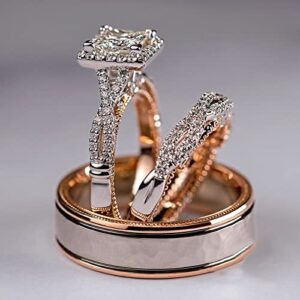 HengSun Promise Rings for Couples Set, 3 pc His and Her Wedding Ring Set, Hypoallergenic Rose Gold Imitation Diamond Ring Set, Cubic Zirconia CZ Bride Promise Rings Set, Size 6-10 (8)