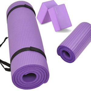 Signature Fitness All Purpose 1/2-Inch Extra Thick High Density Anti-Tear Exercise Yoga Mat and Knee Pad with Carrying Strap and Yoga Blocks, Purple