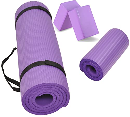 Signature Fitness All Purpose 1/2-Inch Extra Thick High Density Anti-Tear Exercise Yoga Mat and Knee Pad with Carrying Strap and Yoga Blocks, Purple