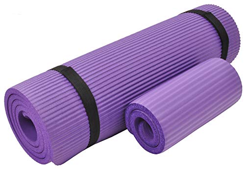 Signature Fitness All Purpose 1/2-Inch Extra Thick High Density Anti-Tear Exercise Yoga Mat and Knee Pad with Carrying Strap and Yoga Blocks, Purple