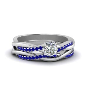 CaratYogi Infinity Twist Diamond Matching Set Sterling Silver Created Blue Sapphire Round Shape Blue Color Wedding Ring Sets Prong Setting in Size 6 Party Wear Daily Wear Ornament