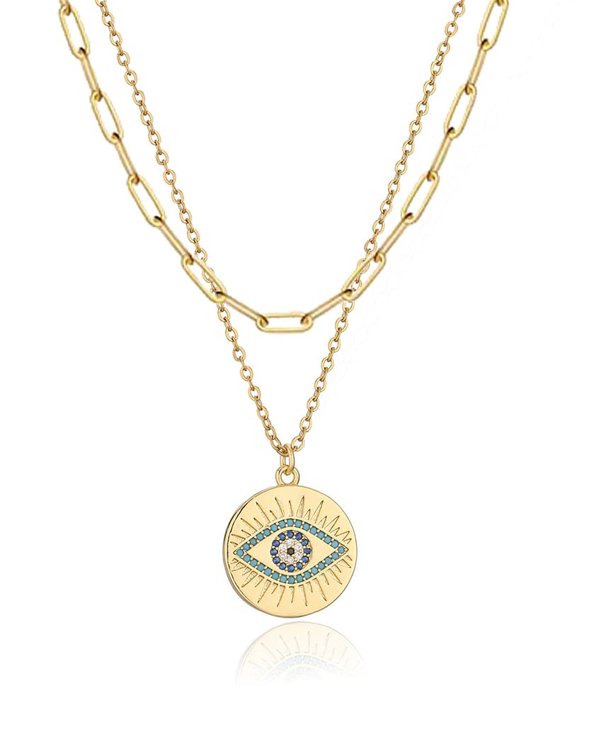 WDSHOW Layered Paperclip Choker Evil Eye Pendant Necklaces Gifts for Women (A style)