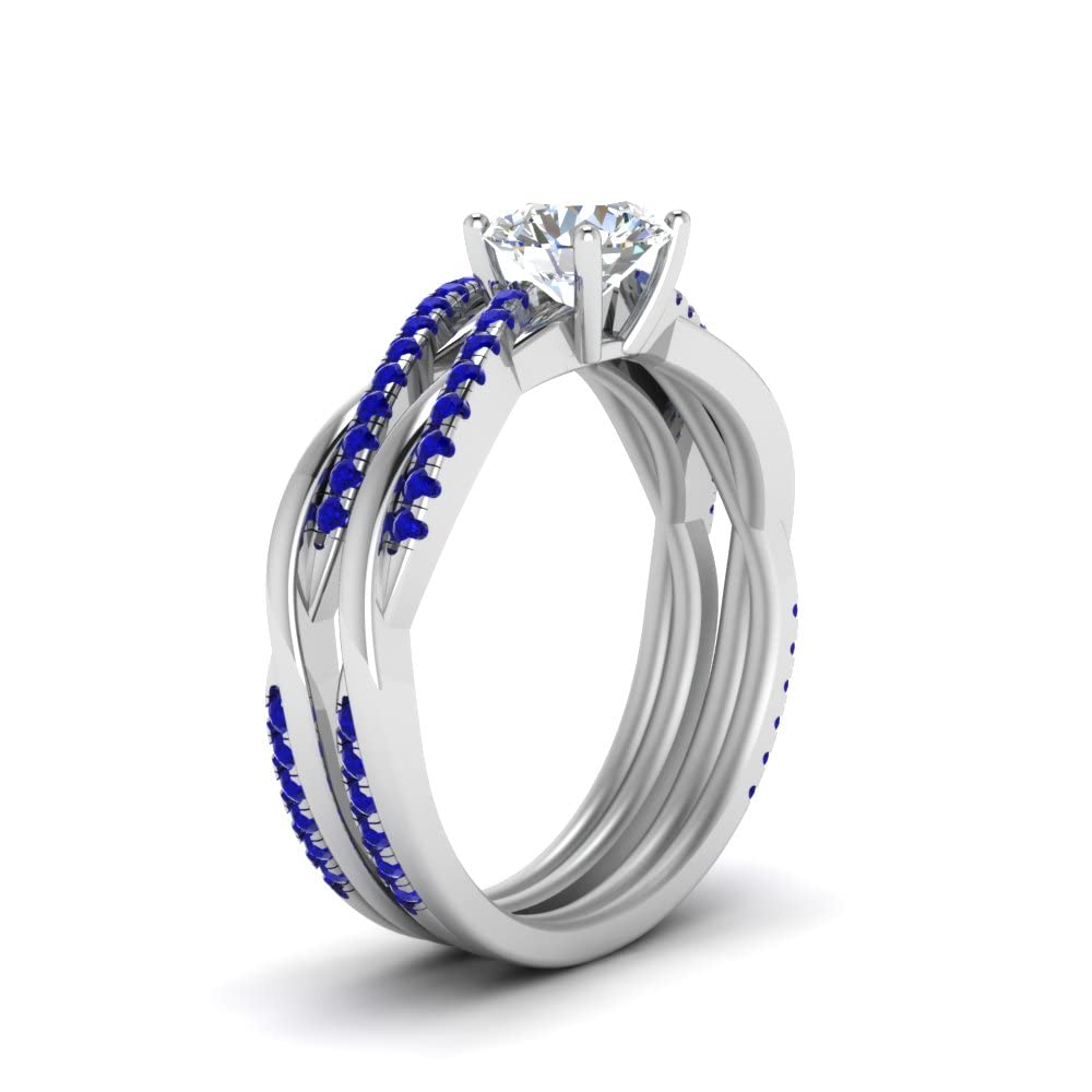 CaratYogi Infinity Twist Diamond Matching Set Sterling Silver Created Blue Sapphire Round Shape Blue Color Wedding Ring Sets Prong Setting in Size 6 Party Wear Daily Wear Ornament