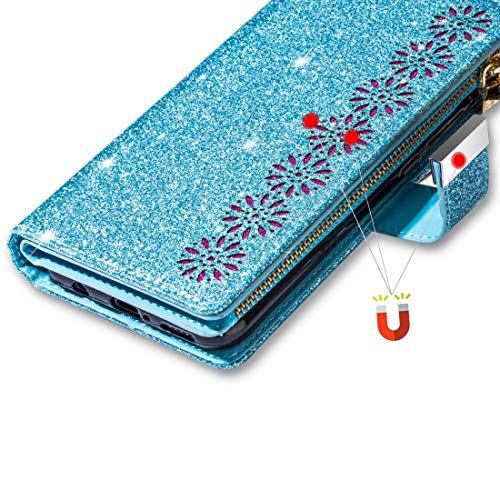 BOYUHII Silicone Protective Case for Phone for Samsung Galaxy A20e / A10e Multi-Card Slots Starry Sky Laser Carving Glitter Zipper Horizontal Flip Leather Case with Holder & Wallet & Lanyard ATCYE