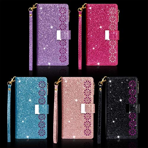 BOYUHII Silicone Protective Case for Phone for Samsung Galaxy A30 / A20 Multi-Card Slots Starry Sky Laser Carving Glitter Zipper Horizontal Flip Leather Case with Holder & Wallet & Lanyard ATCYE