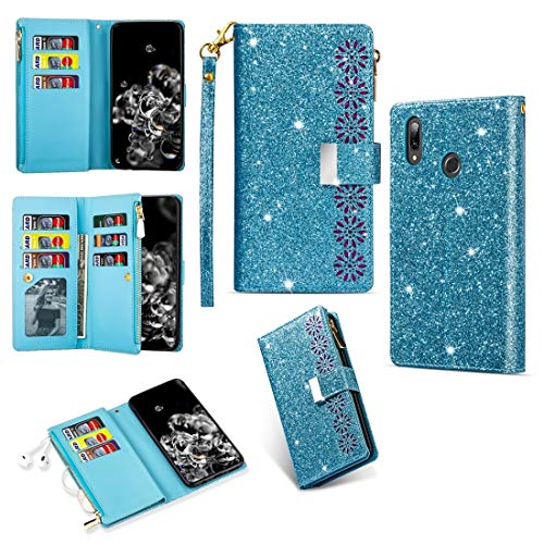 BOYUHII Silicone Protective Case for Phone for Samsung Galaxy A20e / A10e Multi-Card Slots Starry Sky Laser Carving Glitter Zipper Horizontal Flip Leather Case with Holder & Wallet & Lanyard ATCYE