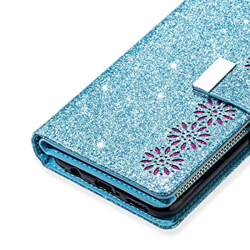 BOYUHII Silicone Protective Case for Phone for Samsung Galaxy A51 Multi-Card Slots Starry Sky Laser Carving Glitter Zipper Horizontal Flip Leather Case with Holder & Wallet & Lanyard ATCYE