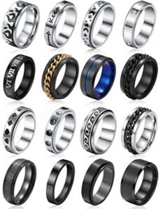 stainless steel band rings for men, sliver fidget rings for anxiety for women, cool plain spinner ring set, black mens wedding band ring pack (10)