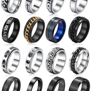 Stainless Steel Band Rings for Men, Sliver Fidget Rings for Anxiety for Women, Cool Plain Spinner Ring Set, Black Mens Wedding Band Ring Pack (10)