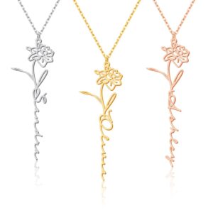 Jecivila Birth Flower Name Necklace Personalized, 18K Gold Plated Custom Name Birth Month Flower Necklace, Customized Floral Jewelry for Women Girlfriend Wife