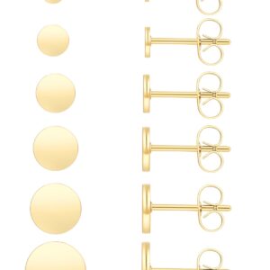 Unisex 6 Pairs Dot Stud Earrings, Surgical Steel Gold Plated Tiny Flat Disc Stud Earrings for Women (Gold-2/3/4/5/6/8mm)