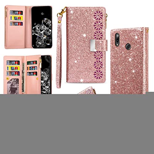 BOYUHII Silicone Protective Case for Phone for Samsung Galaxy M40 / A60 Multi-Card Slots Starry Sky Laser Carving Glitter Zipper Horizontal Flip Leather Case with Holder & Wallet & Lanyard ATCYE