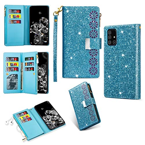 BOYUHII Silicone Protective Case for Phone for Samsung Galaxy A51 Multi-Card Slots Starry Sky Laser Carving Glitter Zipper Horizontal Flip Leather Case with Holder & Wallet & Lanyard ATCYE