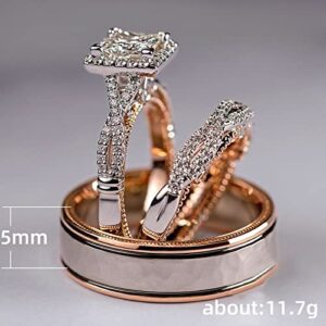 HengSun Promise Rings for Couples Set, 3 pc His and Her Wedding Ring Set, Hypoallergenic Rose Gold Imitation Diamond Ring Set, Cubic Zirconia CZ Bride Promise Rings Set, Size 6-10 (8)