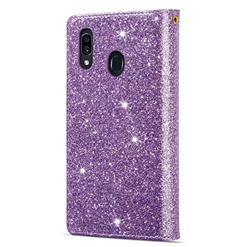 BOYUHII Silicone Protective Case for Phone for Samsung Galaxy A30 / A20 Multi-Card Slots Starry Sky Laser Carving Glitter Zipper Horizontal Flip Leather Case with Holder & Wallet & Lanyard ATCYE