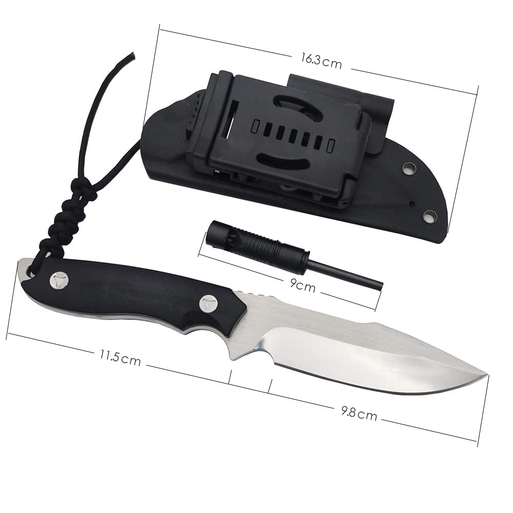 PUWANGDA Fixed Blade Survival Knife 9.25" Full Tang Camping Knife, with G10 Handle, with Fire Starter and Kydex Sheath, with Sheath Horizontal & Vertical, for Outdoor, Fishing