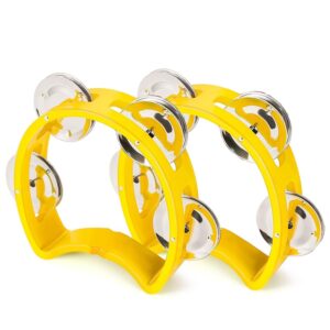 Flexzion Half Circle Tambourine Hand Held Percussion Instrument Plastic Mini Tambourines Half Moon D-Shaped Musical Instruments, Non Professional Tambourine, 2 Pack, Yellow