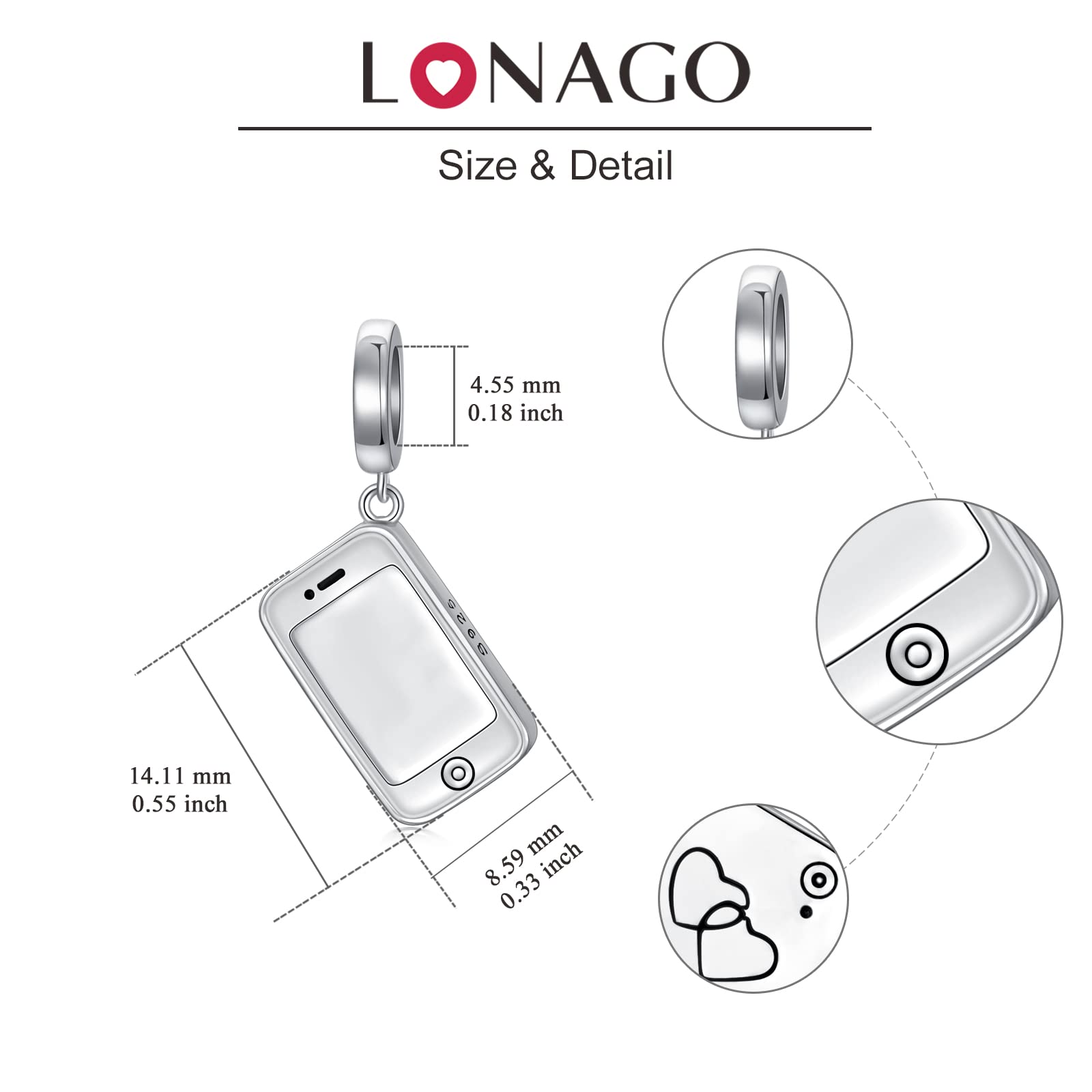 LONAGO Personalized Cellphone Smartphone Photo Dangle Charm 925 Sterling Silver Custom Every Moment Counts Image Picture Bead Fit Snake Bracelet for Women