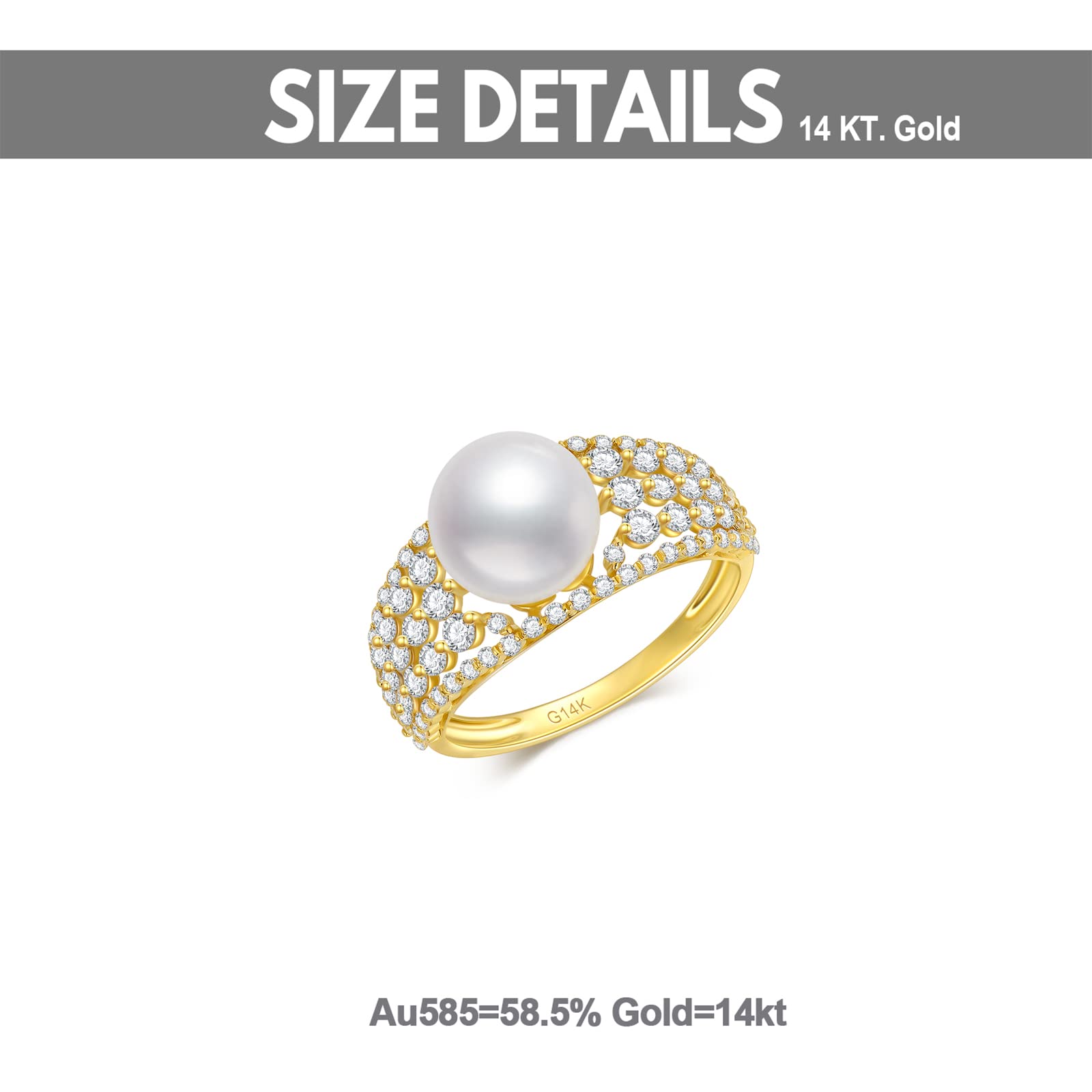 SISGEM Solid 14K Gold 9MM Freshwater Pearl Wedding Ring for Women,Yellow Gold 5A CZ Pearl Engagement Ring/Wedding Anniversary Birthday Gifts for Her,Size 5-11