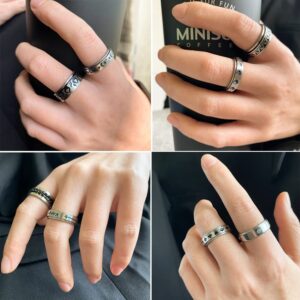 Stainless Steel Band Rings for Men, Sliver Fidget Rings for Anxiety for Women, Cool Plain Spinner Ring Set, Black Mens Wedding Band Ring Pack (9)