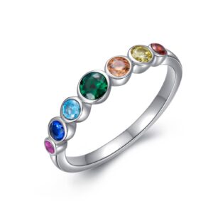 AOBOCO Chakra Ring 925 Sterling Silver 7 Chakra Colorful Rainbow Ring Healing Crystals Jewelry Birthday Gifts for Women, Size 9