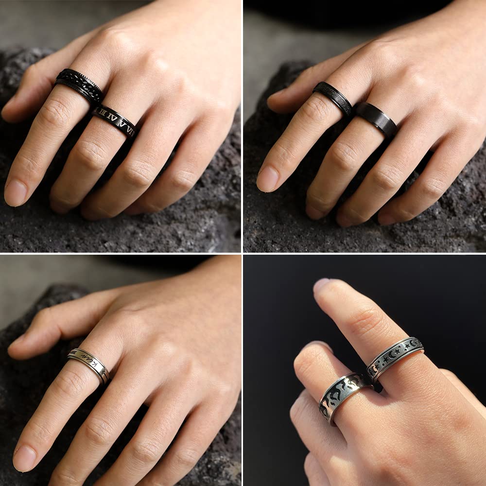 Stainless Steel Band Rings for Men, Sliver Fidget Rings for Anxiety for Women, Cool Plain Spinner Ring Set, Black Mens Wedding Band Ring Pack (9)