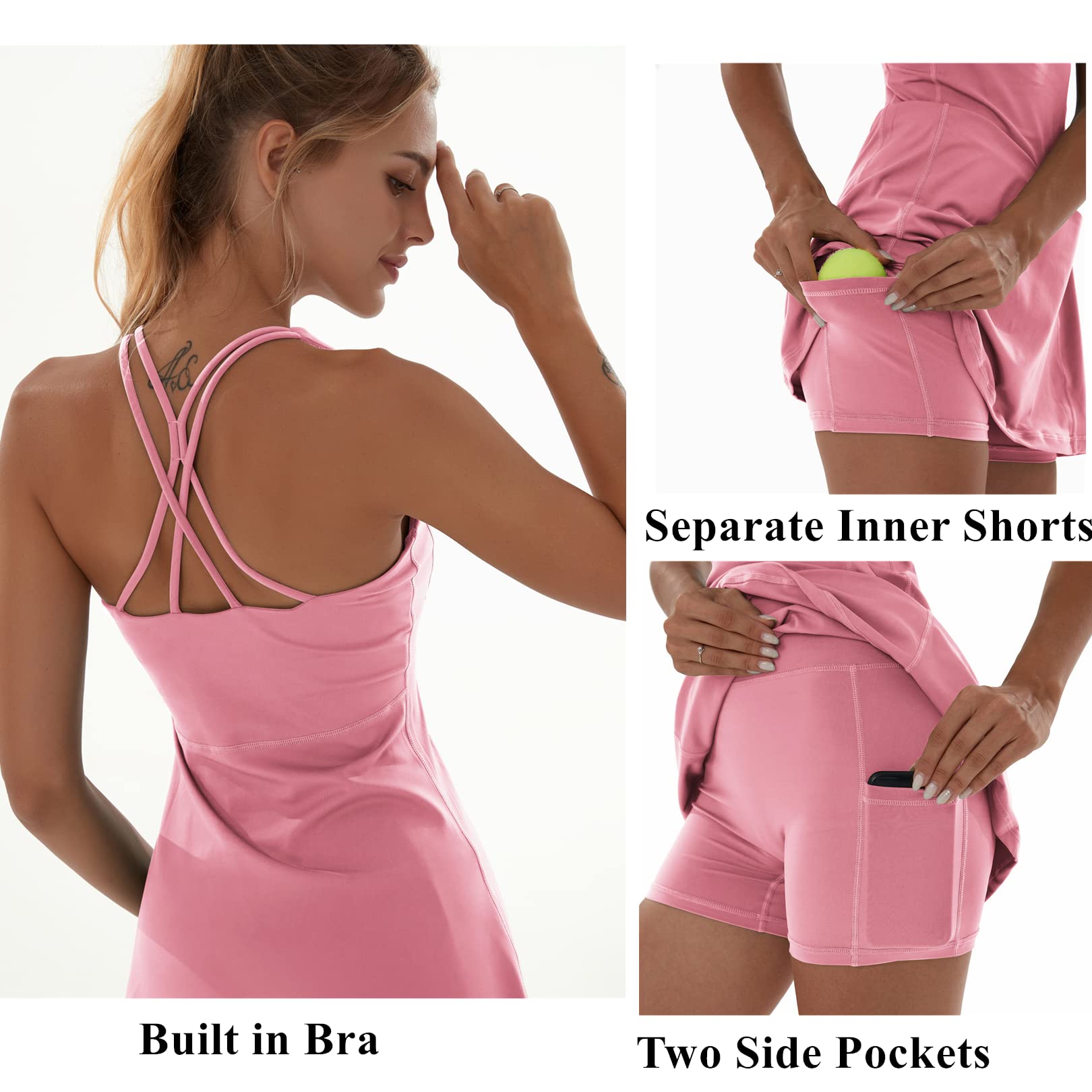 Tennis Dress for Women Workout Dress with Built-in Bra & Shorts Pockets Athletic Dress for Exercise Golf Dresses, Pink, M