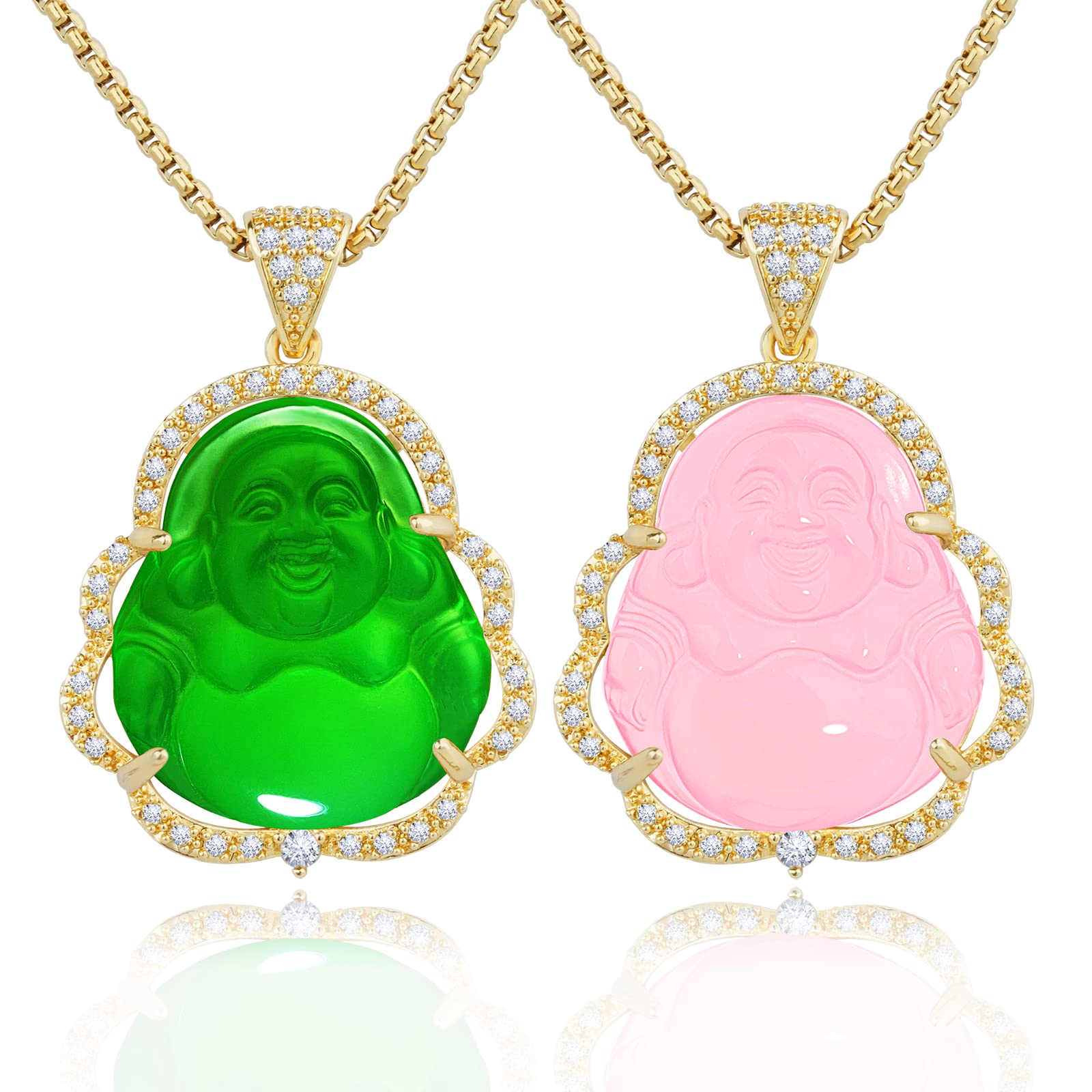 VIKCAUX Lucky Buddha Necklace Green Jade Stone Bling Laughing Buddha Pendant for Women Men